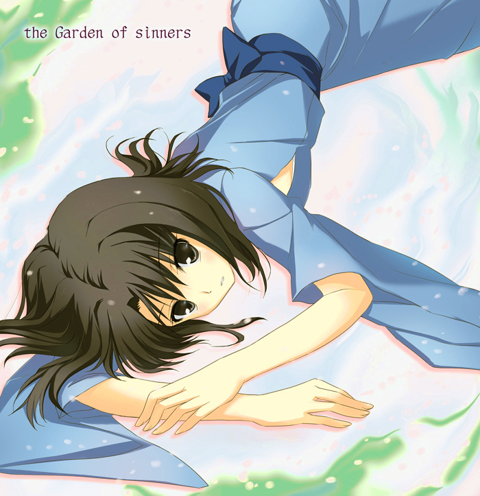 ameto yuki, ryougi shiki, kara no kyoukai, black hair, brown eyes, cherry blossoms, japanese clothes, kimono, lying, short hair, solo