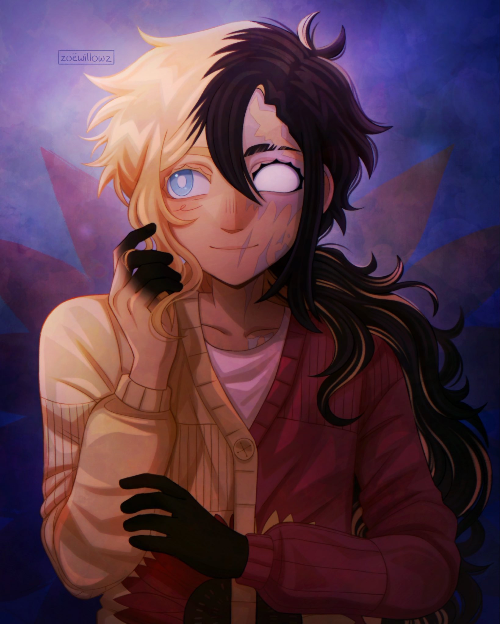 basil (faraway) (omori), basil (omori), omori, highres, 1boy, alternate universe, antenna hair, artist name, black hair, blonde hair, blue eyes, blush, bright pupils, closed mouth, long hair, long sleeves, low ponytail, male focus, multicolored hair, ponytail, short hair, single empty eye, smile, solo, split-color hair, two-tone hair, upper body, white pupils, zoewillowz