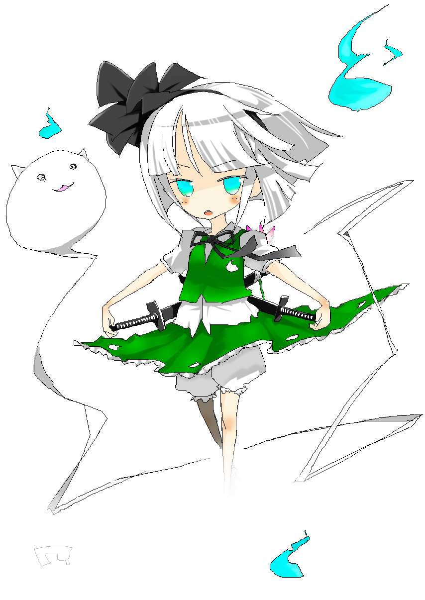 uyori, konpaku youmu, konpaku youmu (ghost), touhou, bad id, bad pixiv id, highres, 1girl, :3, chibi, female focus, hitodama, solo