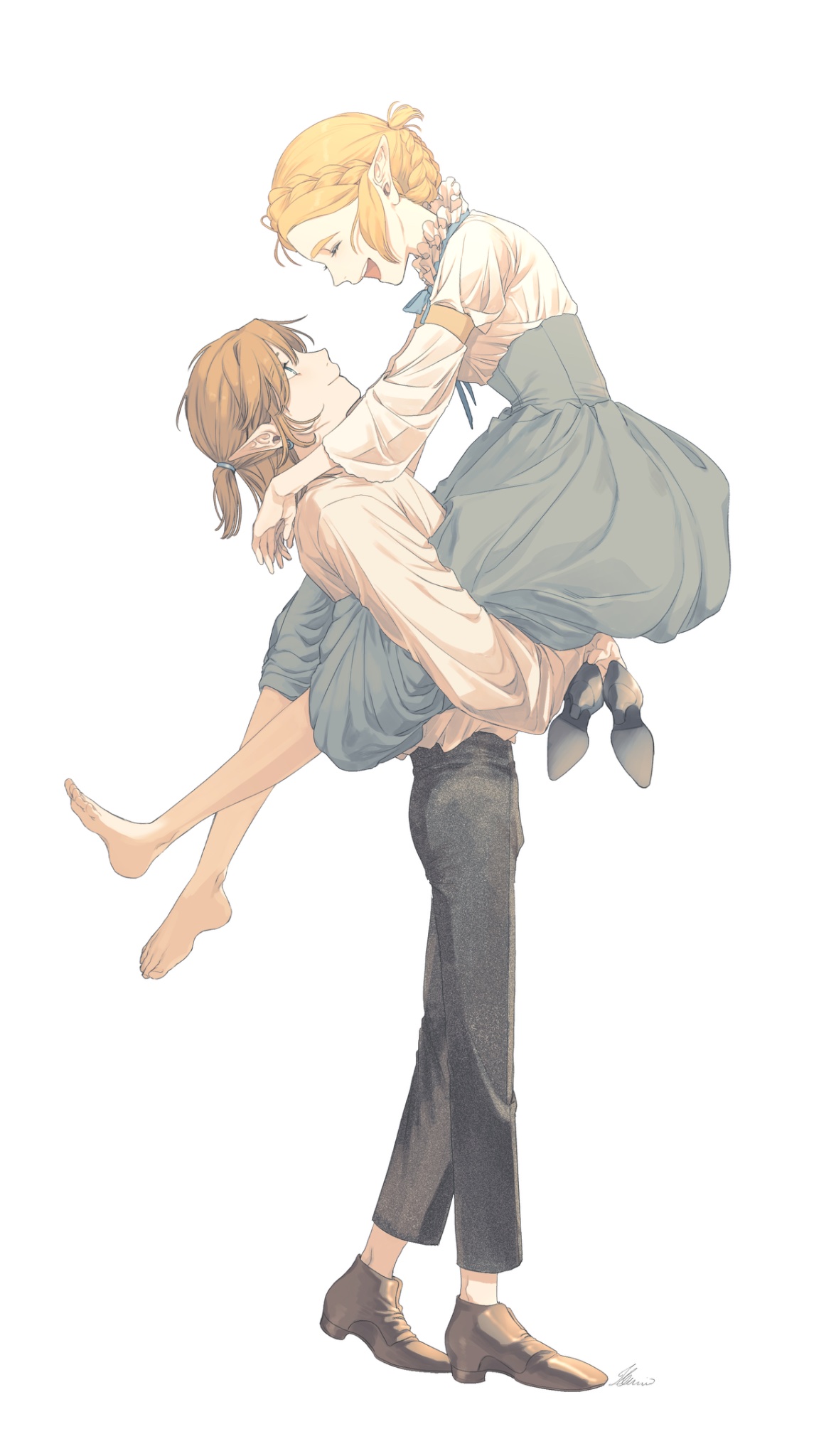 pu hegg, link, princess zelda, nintendo, the legend of zelda, the legend of zelda: breath of the wild, highres, 1boy, 1girl, arms around neck, barefoot, black pants, black shoes, blonde hair, braid, breasts, brown shoes, closed eyes, closed mouth, couple, crown braid, earrings, full body, grey skirt, hair between eyes, half updo, hetero, high-waist skirt, holding, holding shoes, holding unworn clothes, jewelry, laughing, long skirt, looking at another, medium breasts, medium hair, open mouth, pants, parted bangs, pointy ears, ponytail, shirt, shoes, short ponytail, sidelocks, skirt, smile, unworn shoes, white background, white shirt