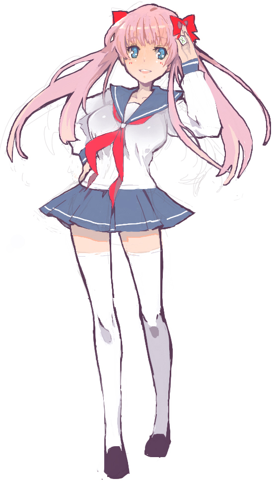 shizumi satou, siskin, haramura nodoka, saki (manga), 00s, 1girl, blue eyes, board game, female focus, holding, holding mahjong tile, long hair, mahjong, mahjong tile, pink hair, ribbon, school uniform, serafuku, solo, thighhighs, twintails, zettai ryouiki