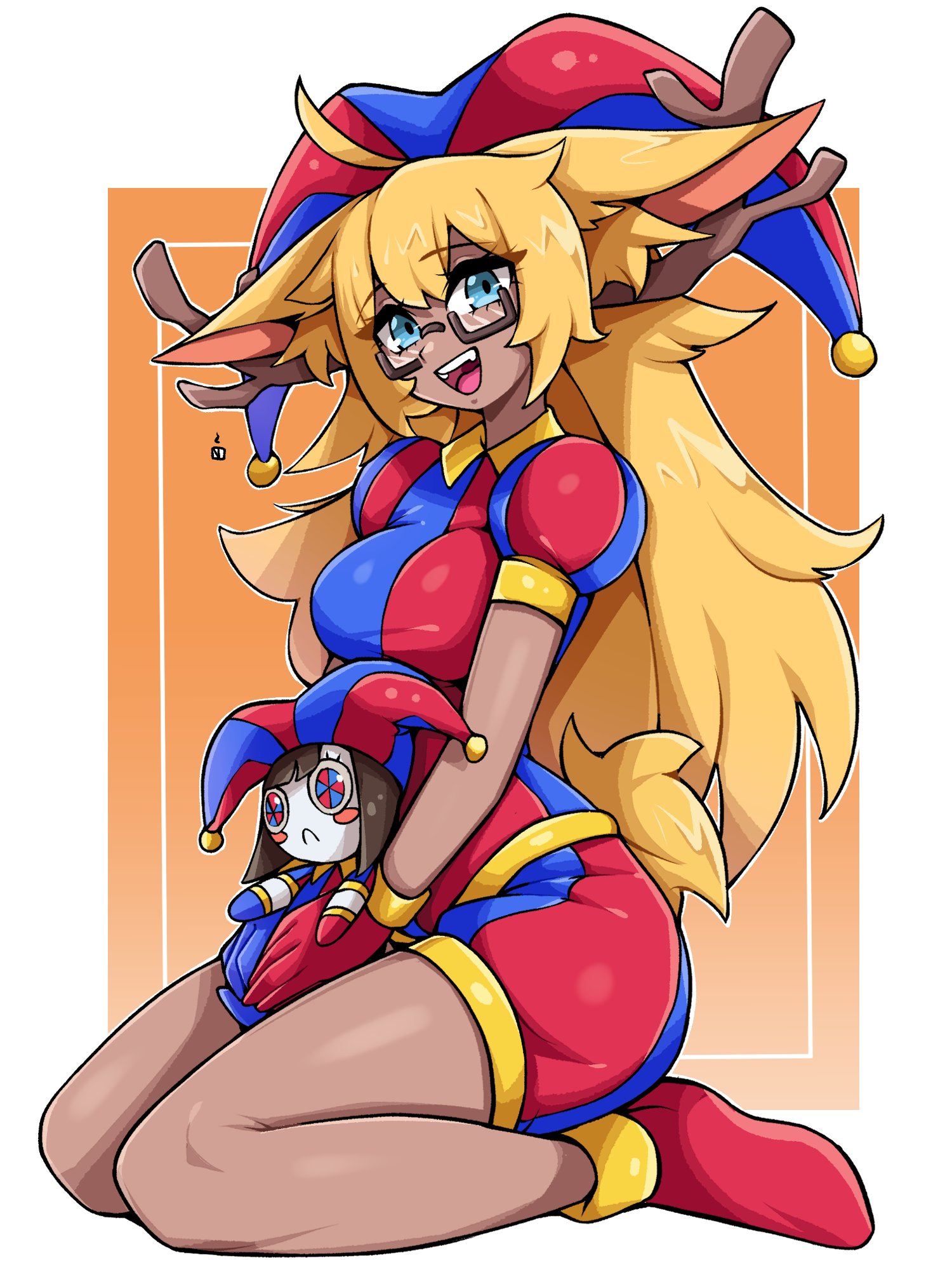 oninuer, pomni (the amazing digital circus), original, the amazing digital circus, commentary, commission, english commentary, highres, 1girl, animal ear fluff, animal ears, antlers, asymmetrical gloves, blonde hair, blue eyes, blue gloves, blue hat, border, breasts, character doll, cosplay, dark-skinned female, dark skin, doll, double-parted bangs, full body, glasses, gloves, hat, hat bell, holding, holding doll, horns, jester, jester cap, jester costume, large breasts, long hair, looking at viewer, mismatched gloves, multicolored hat, open mouth, orange background, outside border, pomni (the amazing digital circus) (cosplay), puffy short sleeves, puffy sleeves, rectangular eyewear, red gloves, red hat, red shoes, seiza, semi-rimless eyewear, shoes, short sleeves, sitting, smile, solo, striped clothes, striped headwear, under-rim eyewear, vertical-striped clothes, white border