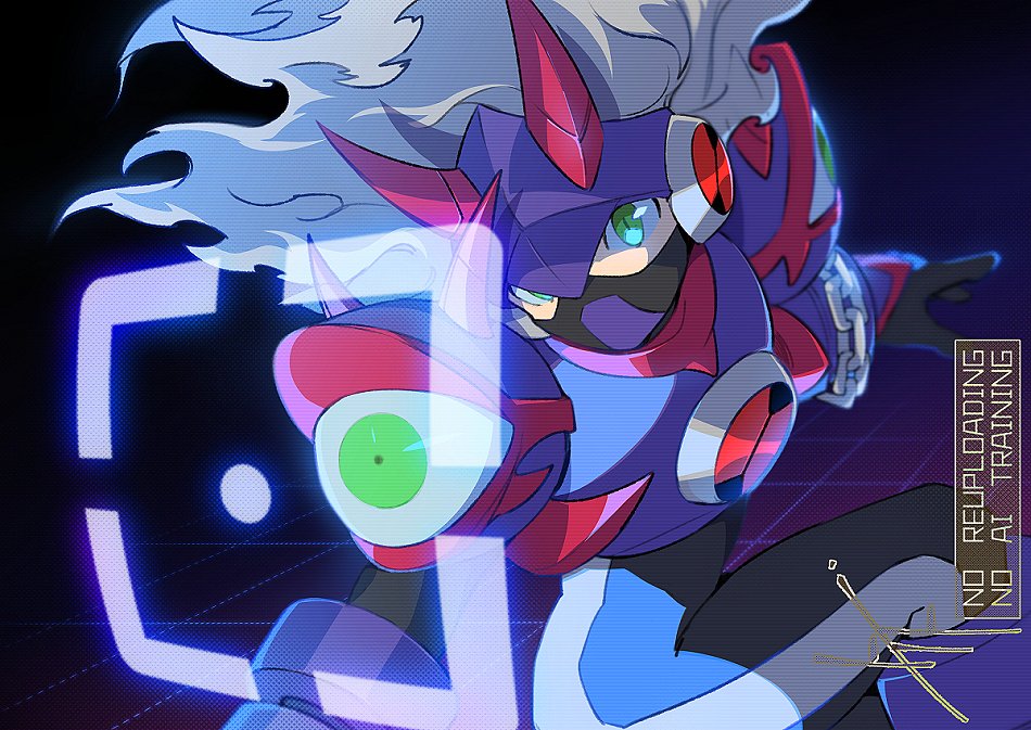 to i to io, megaman.exe, mega man (series), mega man battle network (series), 1boy, armor, covered mouth, double soul (mega man), eraseman.exe, extra eyes, green eyes, grey hair, horns, male focus, mask, mouth mask, netnavi, purple armor, solo, watermark