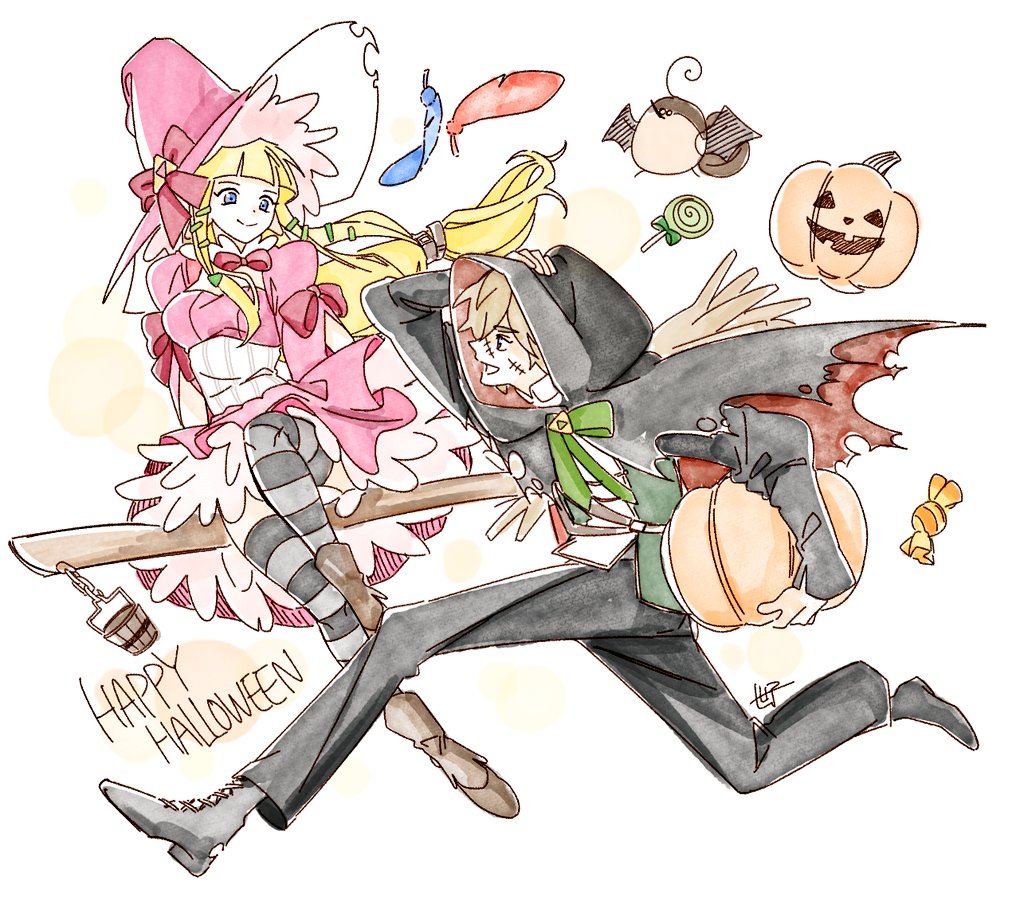 seza game, link, princess zelda, nintendo, the legend of zelda, the legend of zelda: skyward sword, 1boy, 1girl, black boots, black cloak, black pants, blonde hair, blue eyes, blunt bangs, boots, bow, bowtie, breasts, broom, broom riding, brown boots, candy, cloak, closed mouth, collared shirt, dress, falling feathers, feathers, flying, food, full body, green ribbon, hair between eyes, hair ribbon, halloween, halloween bucket, halloween costume, hand on own head, happy halloween, hat, hat bow, hood, hood up, hooded cloak, jack-o'-lantern, lollipop, long hair, low-tied long hair, medium breasts, neck ribbon, open mouth, pants, pink bow, pink bowtie, pink dress, pink hat, ribbon, running, scar, scar on face, shirt, sidelocks, smile, striped clothes, striped thighhighs, thighhighs, torn clothes, triforce, white shirt, witch, witch hat, wrapped candy