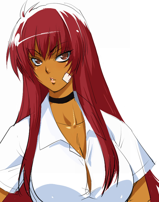 hairu, original, character request, bandages, choker, dark-skinned female, dark skin, long hair, red hair, solo