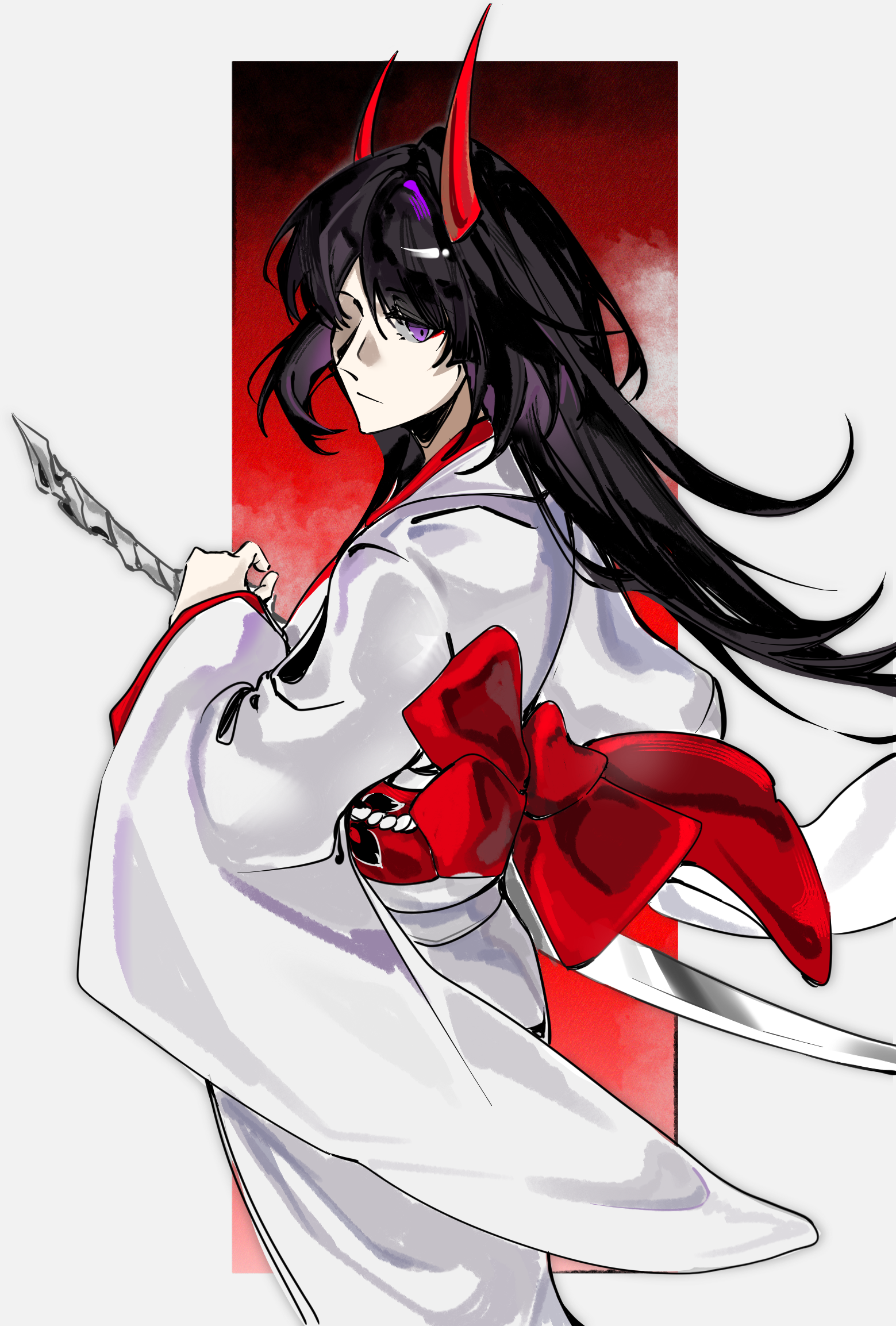 acheron (honkai: star rail), acheron (izumo) (honkai: star rail), honkai: star rail, honkai (series), chinese commentary, highres, 1girl, asymmetrical horns, back bow, bow, closed mouth, eyeliner, from side, hair flowing over, hair over one eye, head tilt, holding, holding weapon, hood over one eye, horns, japanese clothes, katana, kimono, long hair, long horns, long sleeves, looking at viewer, looking to the side, makeup, official alternate costume, purple eyes, purple hair, red eyeliner, red horns, red sash, sash, shaded face, solo, sword, uneven horns, upper body, weapon, white kimono, wide sleeves, xinghuidujiaoshou