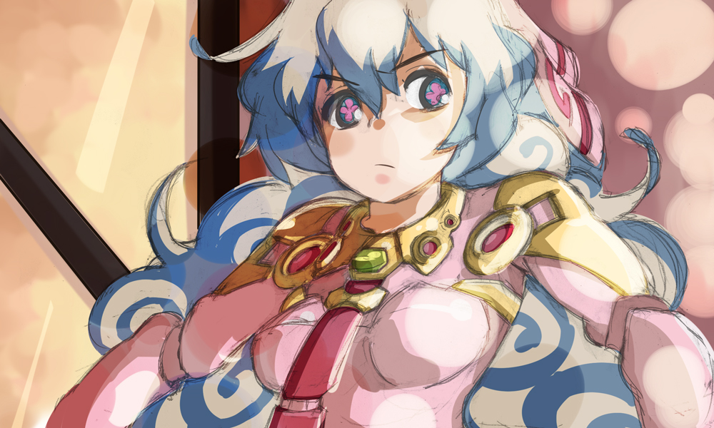 mm-shoujo, nia teppelin, tengen toppa gurren lagann, 00s, 1girl, blue hair, breasts, female focus, frown, long hair, sketch, solo