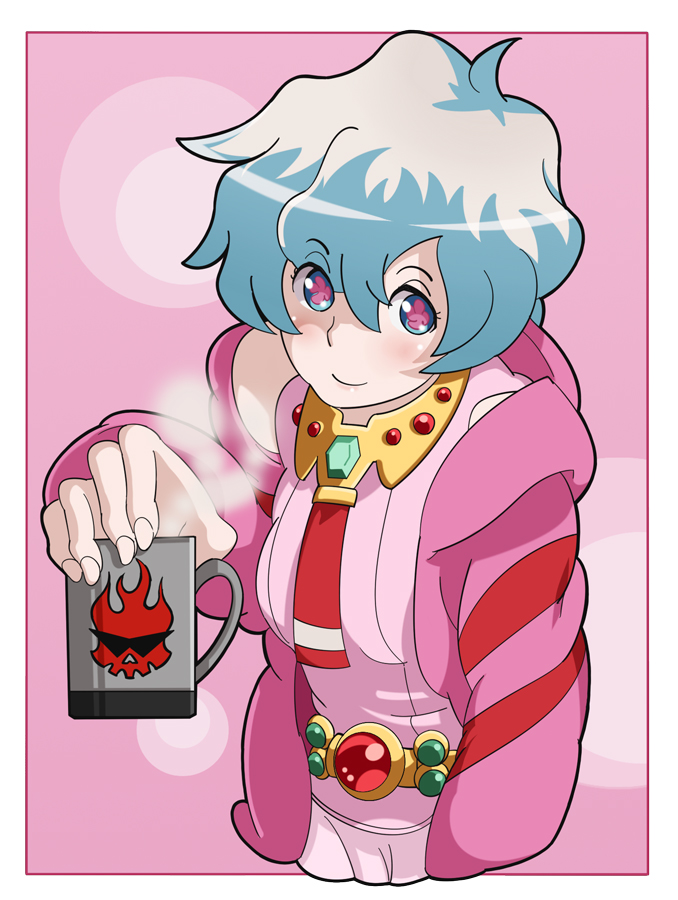 mm-shoujo, nia teppelin, tengen toppa gurren lagann, bad id, bad pixiv id, 00s, 1girl, blue hair, cup, female focus, mug, smile, solo