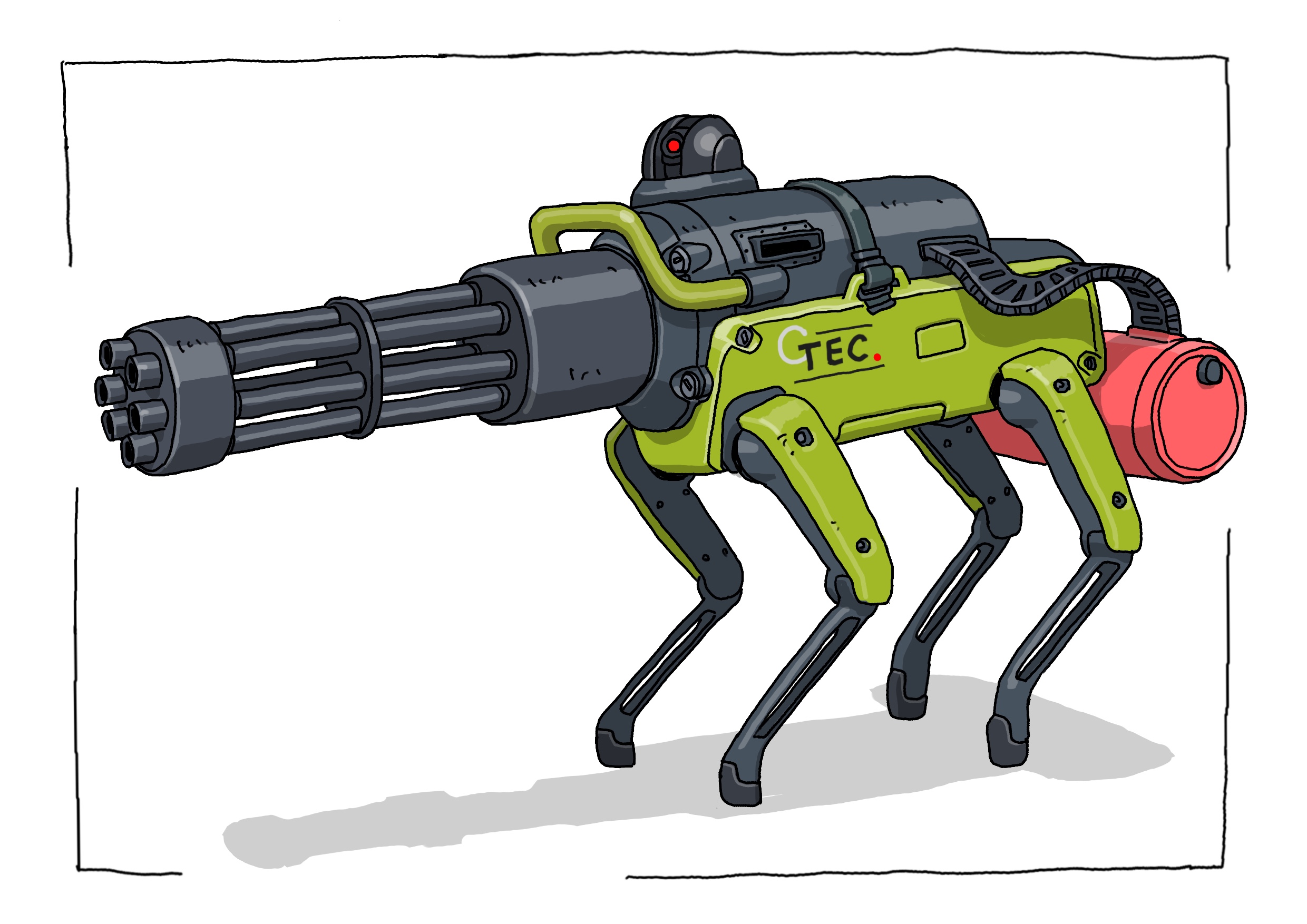 gatling santouhei, spot (boston dynamics), original, highres, ammunition belt, camera, drum magazine, gatling gun, gun, magazine (weapon), no humans, robot, weapon, white background