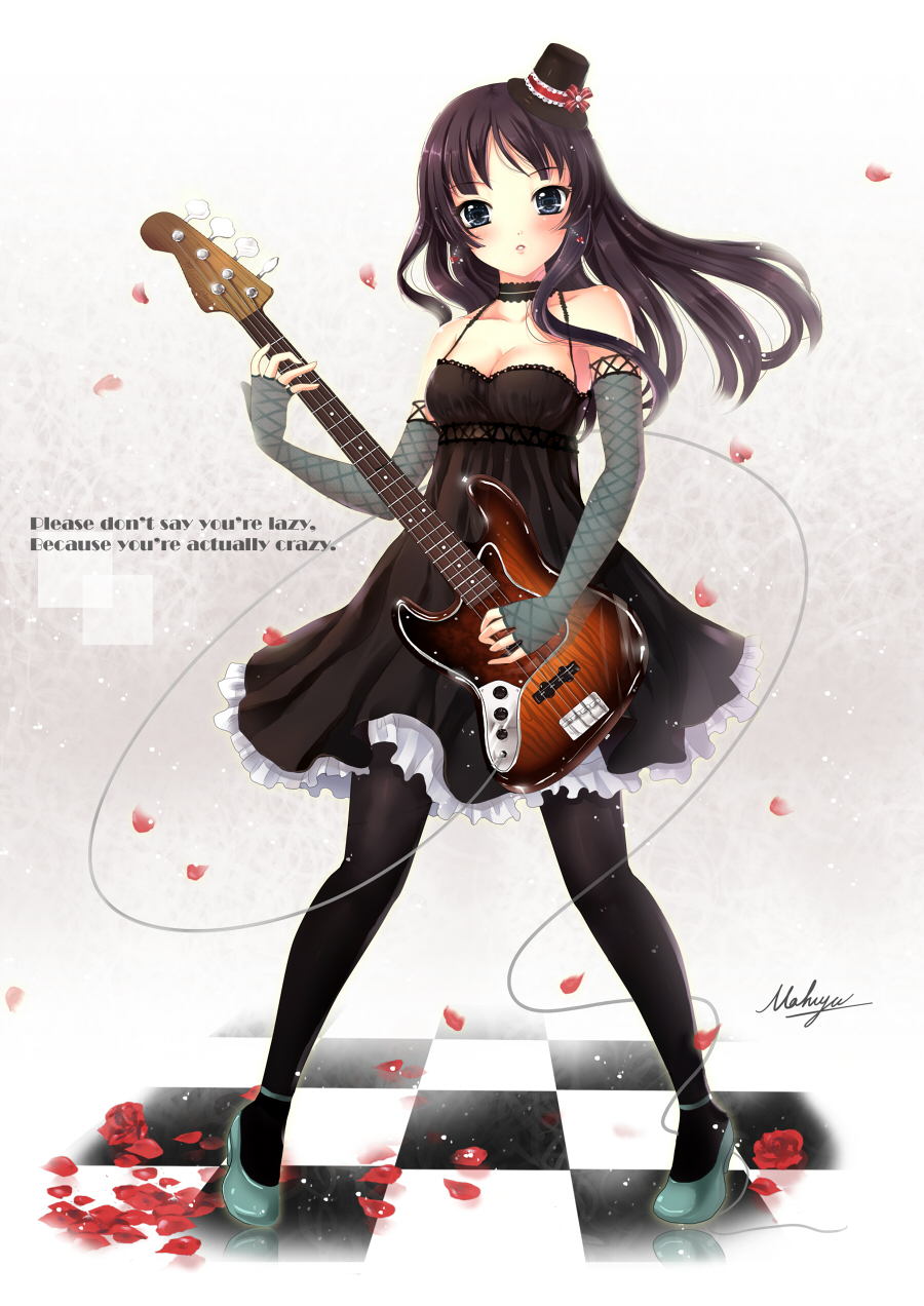 sadakofxe, akiyama mio, don't say "lazy", k-on!, highres, 00s, 1girl, bass guitar, black eyes, black hair, elbow gloves, english text, female focus, fingerless gloves, flower, gloves, guitar, hat, instrument, legs, long hair, mini hat, mini top hat, pantyhose, petals, rose, solo, top hat