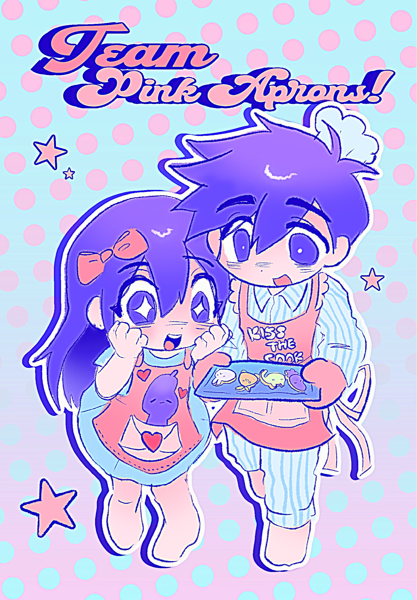 aubrey (headspace) (omori), aubrey (omori), forest bunny (omori), hero (headspace) (omori), hero (omori), mr. plantegg (omori), sprout mole, omori, highres, + +, 1boy, 1girl, apron, barefoot, blue shirt, blush, bow, bright pupils, character cookie, chibi, chibi only, colored skin, double-parted bangs, english text, hair between eyes, hair bow, hands on own cheeks, hands on own face, holding, holding tray, kiss the cook, long shirt, long sleeves, lyuz (justtoseemeplea), mini chef hat, open mouth, oven mitts, pajamas, pants, pink apron, pink bow, shirt, short hair, short sleeves, smile, striped clothes, striped pajamas, striped pants, t-shirt, teeth, tongue, tray, upper teeth only, vertical-striped clothes, vertical-striped pajamas, vertical-striped pants, white pupils, white skin