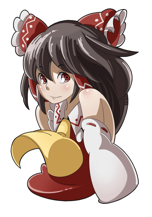 mm-shoujo, hakurei reimu, touhou, bad id, bad pixiv id, 1girl, blush, detached sleeves, female focus, japanese clothes, miko, simple background, solo