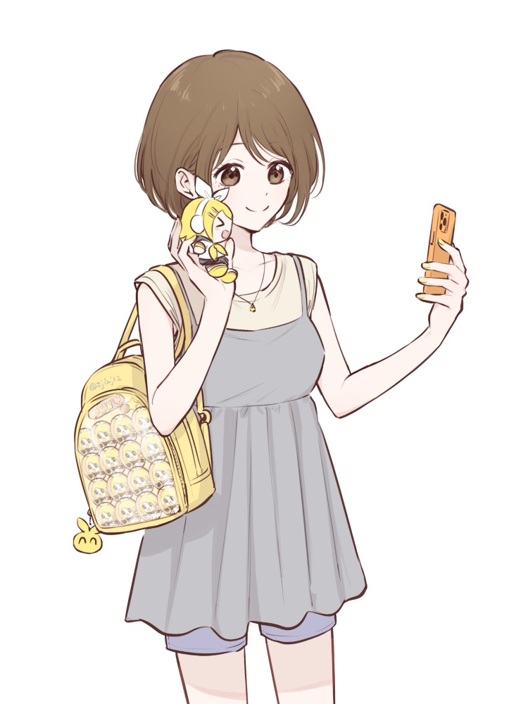hariikei, kagamine rin, meiko (vocaloid), vocaloid, commentary request, 1girl, backpack, bag, bag charm, brown eyes, brown hair, cellphone, character doll, charm (object), doll, dress, dress over shirt, holding, holding doll, holding phone, itabag, jewelry, necklace, phone, selfie, short hair, short sleeves, shorts under dress, sleeveless, sleeveless dress, smartphone, smile, solo