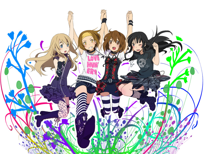 hk, akiyama mio, hirasawa yui, kotobuki tsumugi, tainaka ritsu, k-on!, striped legwear, bad id, bad pixiv id, 00s, 4girls, alternate costume, arms up, bass guitar, black eyes, black hair, blonde hair, blue eyes, boots, brown eyes, brown hair, casual, choker, fashion, hairband, ho-kago tea time, holding hands, instrument, jumping, knee boots, long hair, multiple girls, punk, shirt, short hair, skull, socks, striped clothes, striped thighhighs, t-shirt, thighhighs, wristband