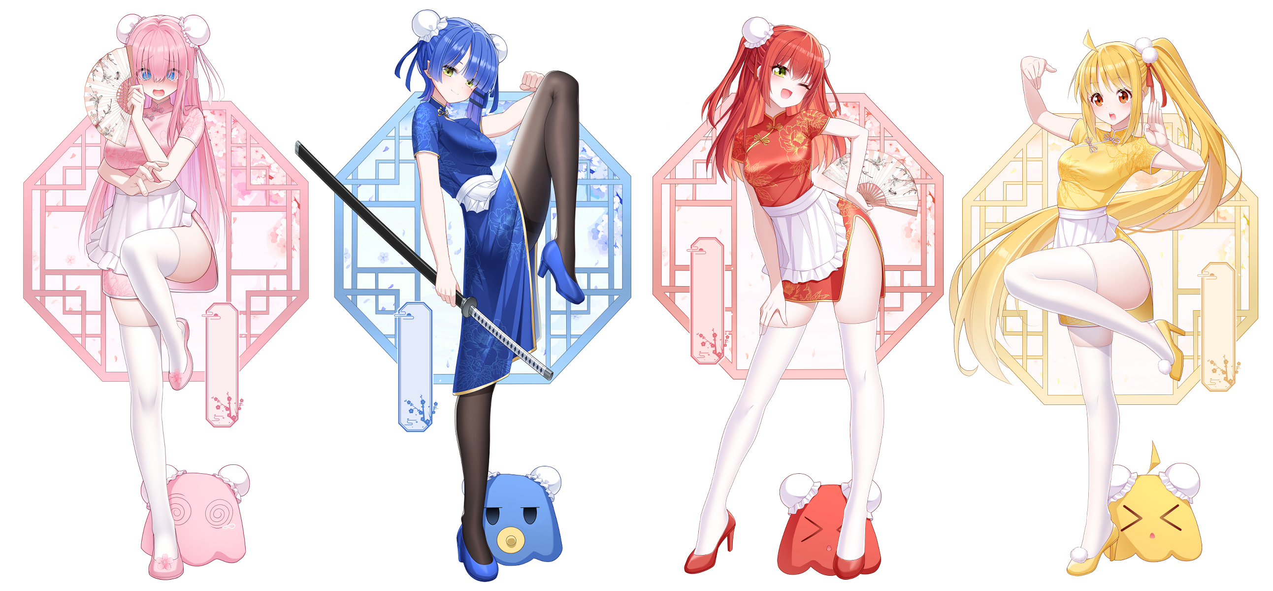 merueru, gotoh hitori, gotoh hitori (octopus), ijichi nijika, kita ikuyo, yamada ryo, bocchi the rock!, commentary request, highres, > <, 4girls, @ @, ahoge, alternate costume, alternate hairstyle, apron, black pantyhose, blonde hair, blue dress, blue eyes, blue hair, blue shoes, blunt sidelocks, breasts, bun cover, china dress, chinese clothes, choppy bangs, color coordination, contrapposto, double bun, dress, eyes visible through hair, floating hair, frilled apron, frills, hair bun, hair ornament, hair over eyes, hairclip, hand fan, hand on own hip, hand on own thigh, hand up, high heels, holding, holding fan, holding sword, holding weapon, kessoku band, large breasts, leg up, long bangs, long hair, looking at viewer, looking to the side, medium breasts, mole, mole under eye, multiple girls, one eye closed, one side up, open mouth, pacifier, pantyhose, paper fan, parallel hairclips, pink dress, pink hair, pink shoes, pom pom (clothes), pom pom hair ornament, raised inner eyebrows, red dress, red hair, red shoes, sheath, sheathed, shoes, short dress, short hair, short sleeves, side ponytail, side slit, sidelocks, smile, standing, standing on one leg, straight hair, sword, tearing up, thighband pantyhose, thighhighs, turning head, very long hair, waist apron, weapon, white apron, white thighhighs, yellow dress, yellow eyes, yellow shoes, zettai ryouiki
