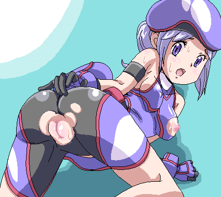 marina (pokemon battle revolution), nintendo, pokemon, pokemon battle revolution, lowres, 00s, 1girl, ass, bicycle helmet, bike shorts, blue eyes, blue hair, blush, bodysuit, cosplay, covered erect nipples, cycling uniform, gloves, helmet, kyogre (cosplay), looking at viewer, looking back, nipples, ponytail, pussy, sweat, torn clothes, uncensored