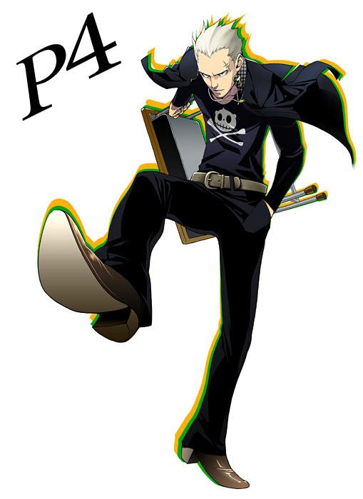 tatsumi kanji, atlus, persona, persona 4, desk, grey hair, jewelry, male focus, necklace, scar, school uniform, solo