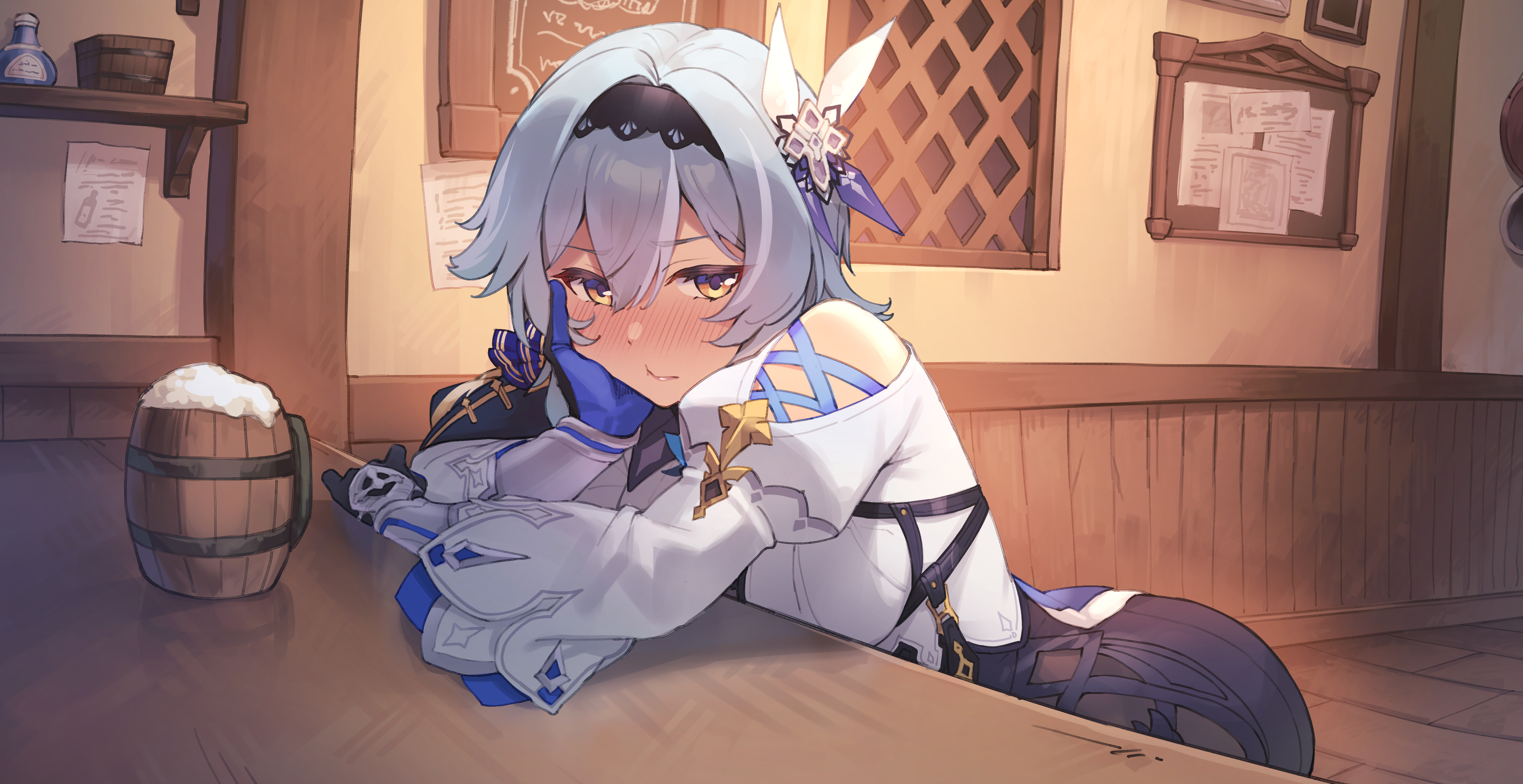 kimi tsuru, eula (genshin impact), genshin impact, absurdres, commentary request, highres, textless version, 1girl, arm rest, beer mug, black gloves, black hairband, blue hair, blush, cup, foam, gloves, hair between eyes, hair ornament, hairband, hand on own cheek, hand on own face, indoors, juliet sleeves, long sleeves, looking at viewer, mug, nose blush, puffy sleeves, shirt, short hair, solo, tankard, tavern, white shirt, yellow eyes