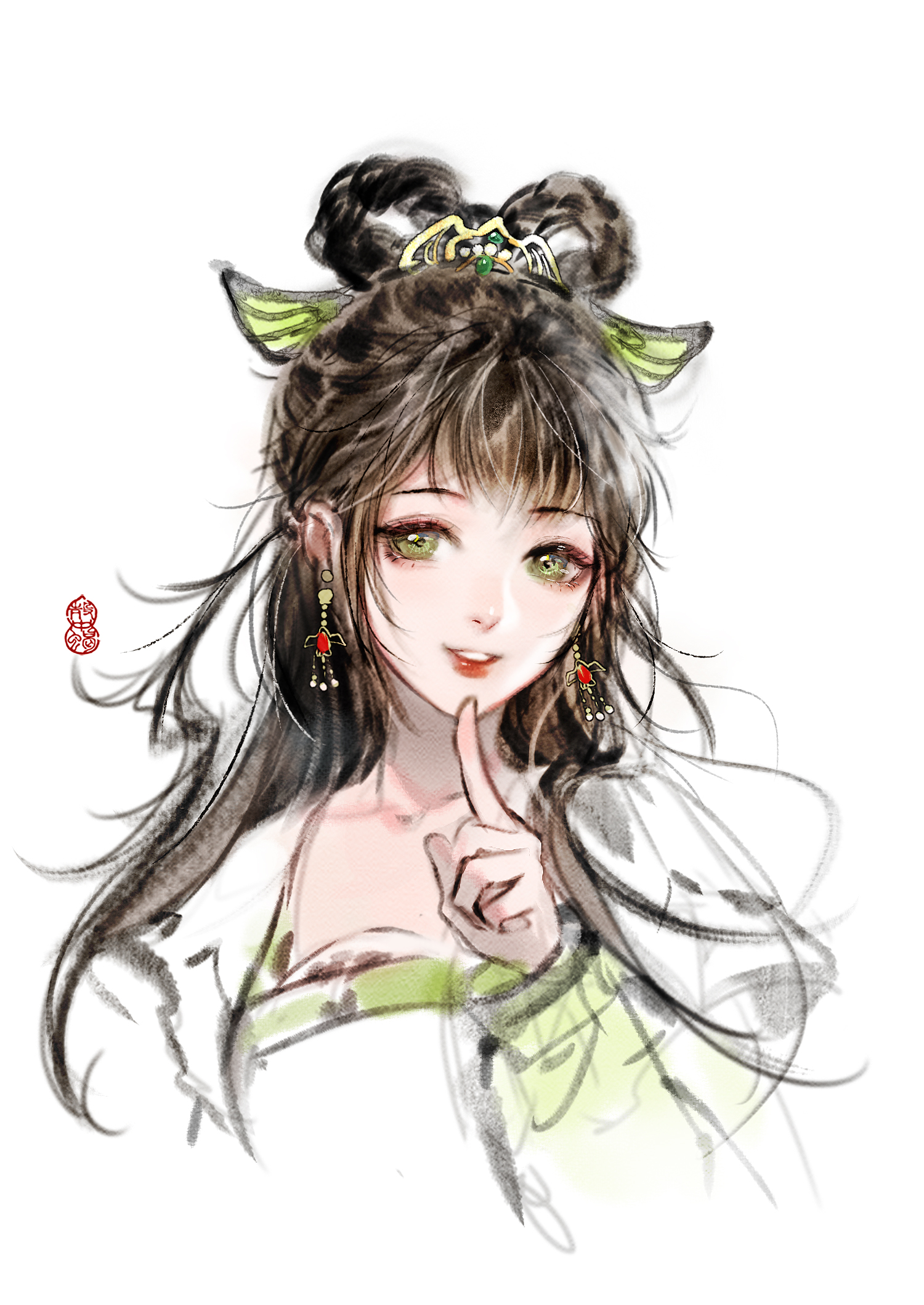 sasora, infinity nikki, nikki (series), chinese commentary, commentary request, highres, 1girl, bow-shaped hair, braid, braided hair rings, brown hair, chinese clothes, collarbone, cropped torso, earrings, eyelashes, finger to own chin, gold tiara, green eyes, green sleeves, hair ornament, hair rings, hanfu, happy, jewelry, layered sleeves, lipstick, long hair, long sleeves, makeup, mini tiara, open mouth, red lips, short over long sleeves, short sleeves, simple background, smile, solo, square neckline, swallow whispers (infinity nikki), teeth, tiara, watermark, white background, white hanfu, wing hair ornament