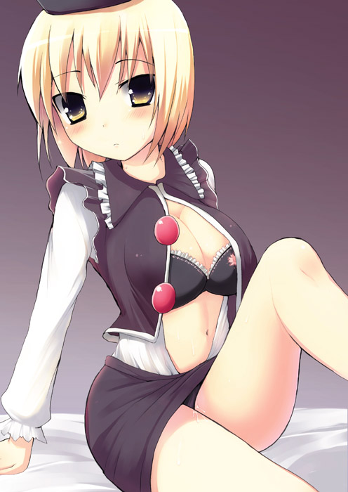 kujiran, kurikara, lunasa prismriver, touhou, 1girl, blonde hair, blush, bra, breasts, cleavage, female focus, gradient background, lingerie, open clothes, open shirt, panties, shirt, short hair, skirt, solo, underwear, yellow eyes