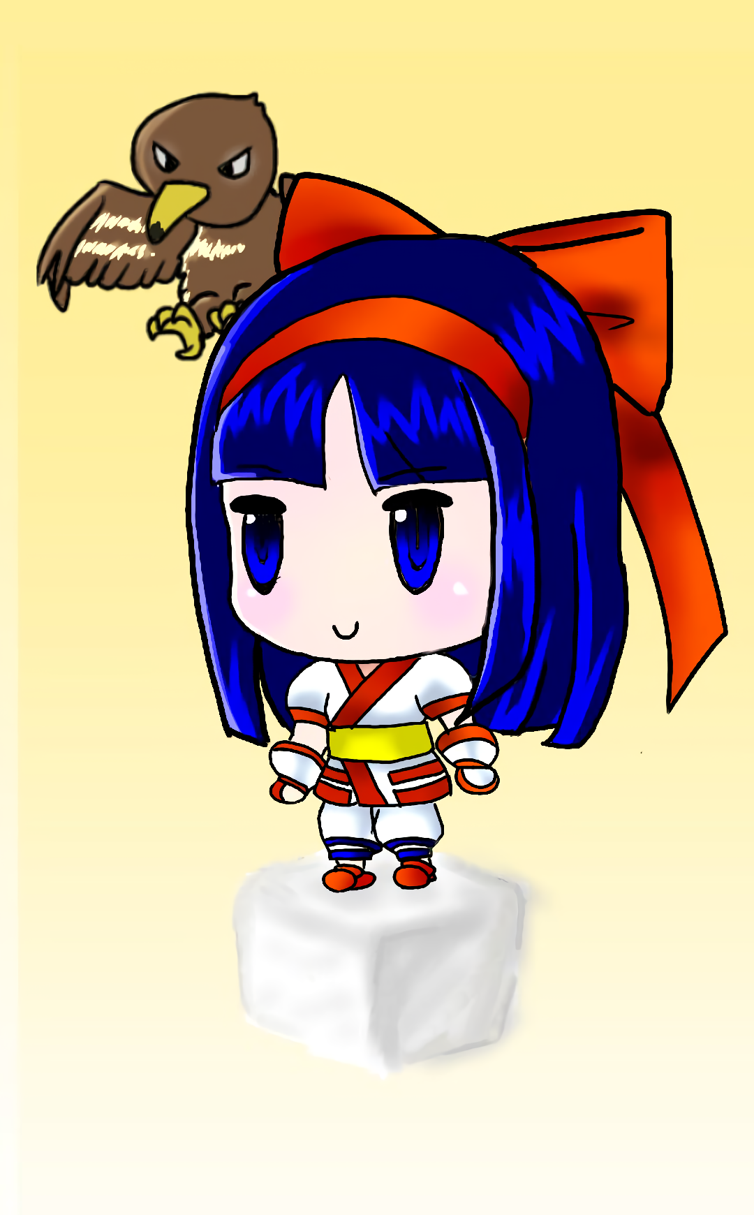 mamahaha, nakoruru, samurai spirits, snk, the king of fighters, highres, 1girl, ainu clothes, blue eyes, blue hair, breasts, chibi, fingerless gloves, gloves, hair ribbon, ice, ice cube, legs, long hair, pants, ribbon, small breasts, thighs