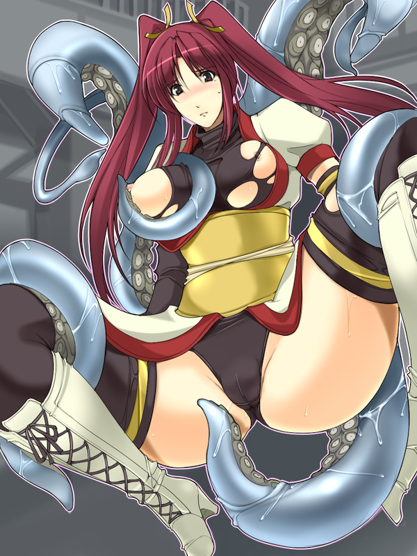 sasana, bad id, bad pixiv id, 1girl, boots, bottomless, breasts, cameltoe, female focus, large breasts, red hair, solo, spread legs, tentacles, thighhighs, torn clothes, twintails