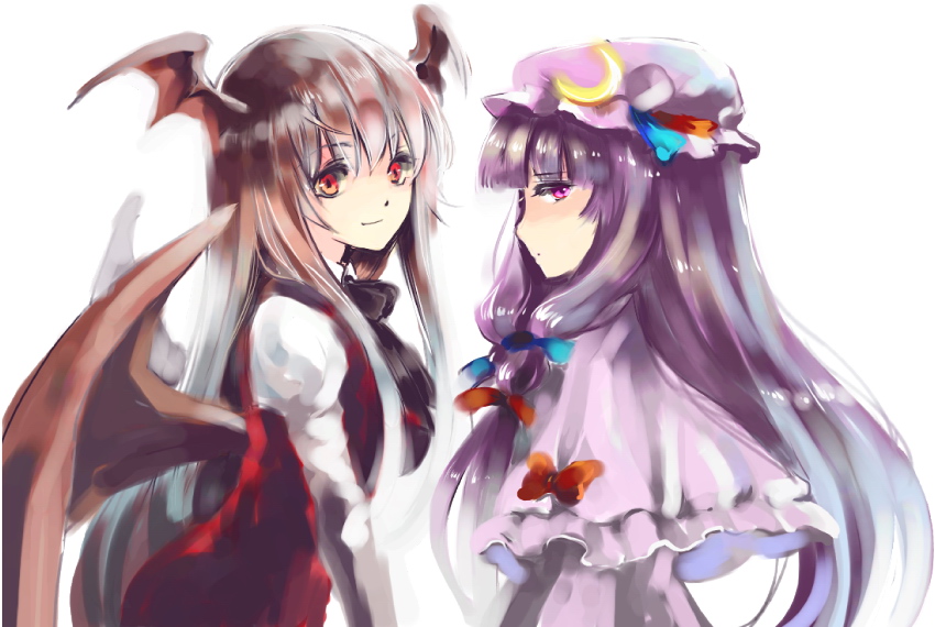 ssz, szuinyo, koakuma, patchouli knowledge, embodiment of scarlet devil, touhou, bad id, bad pixiv id, 2girls, bat wings, bow, crescent, female focus, hair bow, hat, head wings, long hair, multiple girls, multiple hair bows, purple eyes, purple hair, red eyes, red hair, wings