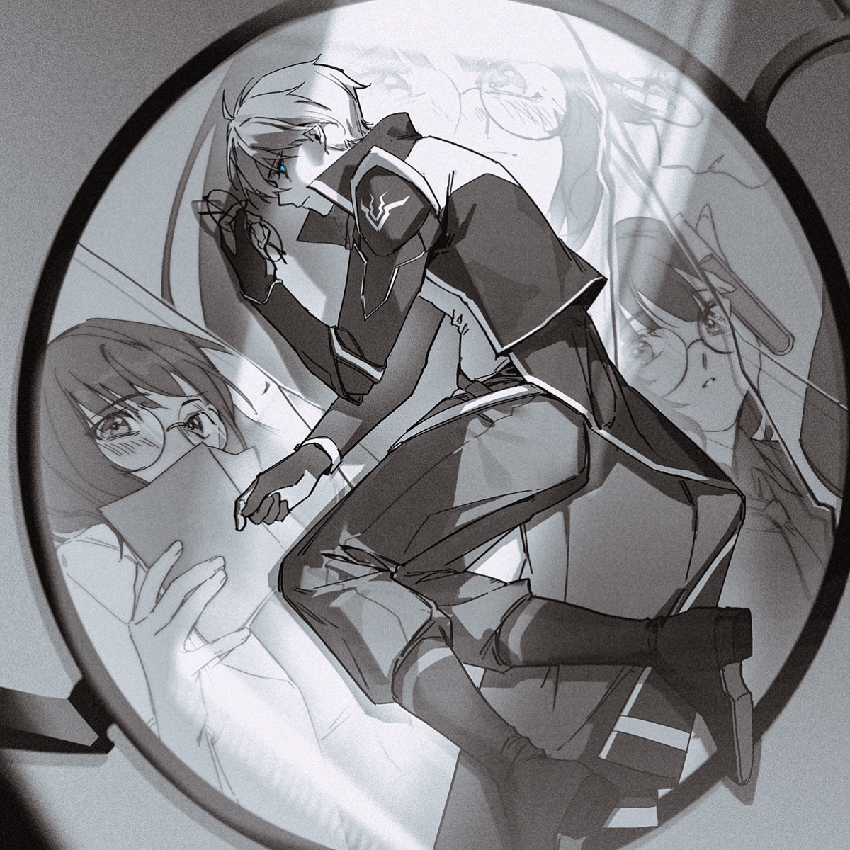 shiregotoaka, kevin kaslana, mei (honkai impact), honkai (series), honkai impact 3rd, chinese commentary, highres, 1boy, 1girl, ahoge, blue eyes, blunt bangs, blush, boots, broken glass, close-up, closed mouth, coat, collared coat, couple, different reflection, expressionless, from above, from side, glass, glasses, glowing, glowing eyes, grey background, hair between eyes, hetero, long hair, long sleeves, looking to the side, lying, monochrome, on side, open clothes, open coat, parted lips, partially colored, reflection, sad, shade, short hair