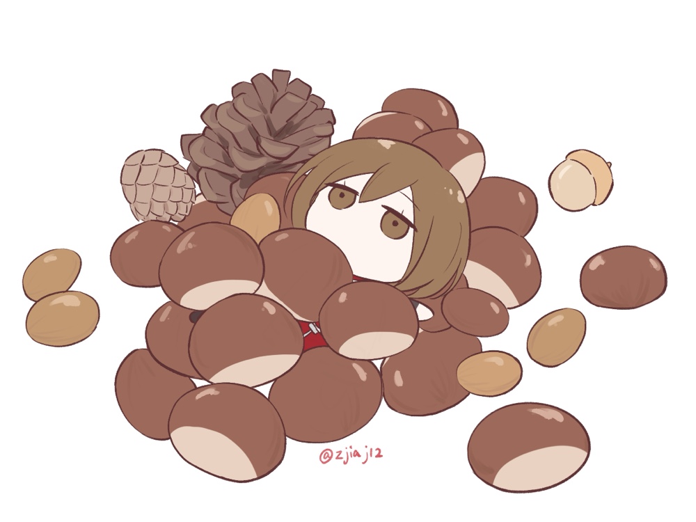 hariikei, meiko (vocaloid), vocaloid, commentary request, 1girl, acorn, brown eyes, brown hair, chestnut, chibi, chibi only, jitome, lying, mini person, minigirl, no mouth, nut (food), on back, pinecone, short hair, solo