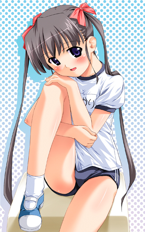 kuuchuu yousai, jinno hikari, makai tenshi djibril, makai tenshi djibril 2, official art, 1girl, :d, black hair, blue eyes, blush, body blush, bow, breasts, buruma, character name, double vertical stripe, female focus, gradient background, gym uniform, hair bow, hair ribbon, head tilt, hugging own legs, leg up, long hair, looking at viewer, name tag, open mouth, polka dot, polka dot background, red bow, red ribbon, ribbon, shadow, shirt, shoes, short sleeves, sidelocks, sitting, small breasts, smile, socks, solo, twintails, uwabaki, vaulting horse, very long hair