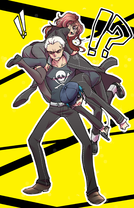 kujikawa rise, shirogane naoto, tatsumi kanji, atlus, persona, persona 4, 1boy, 2girls, androgynous, ass, blue hair, carrying, glasses, grey hair, gun, hat, height difference, multiple girls, red hair, reverse trap, scar, school uniform, short hair, twintails, weapon