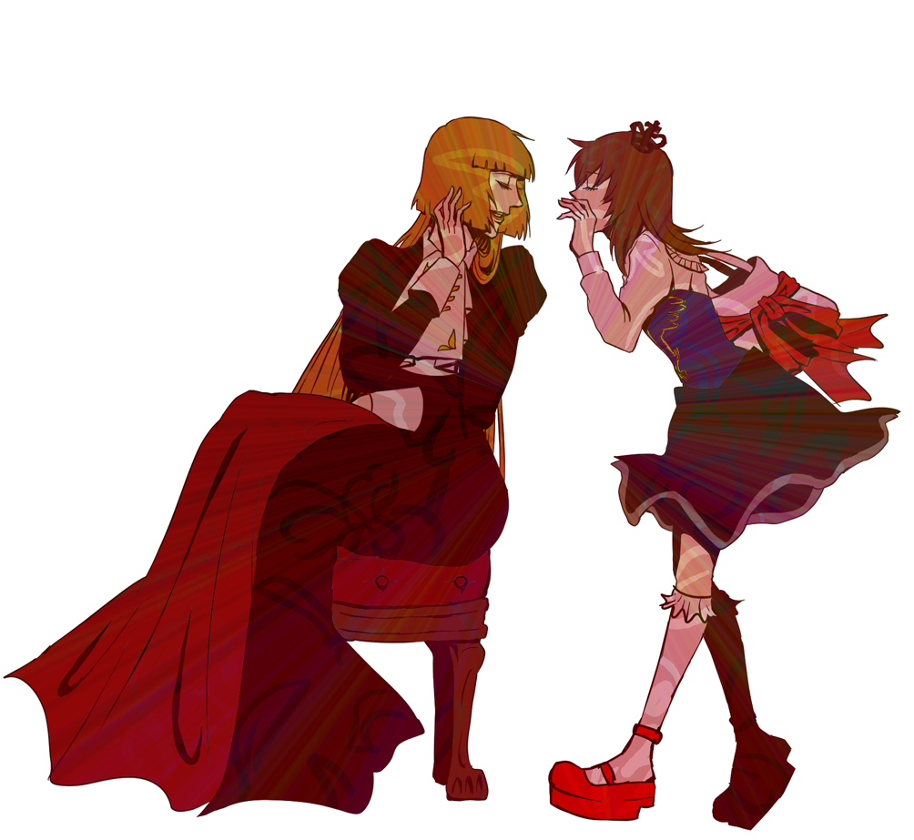 zonsters, ushiromiya maria, ushiromiya rosa, umineko no naku koro ni, 00s, 2girls, age difference, bag, blonde hair, blunt bangs, brown hair, closed eyes, crown, dress, hair ornament, hime cut, lipstick, long hair, makeup, mother and daughter, multiple girls, red upholstery, ribbon, shoes, short hair, sitting, skirt, smile, socks, standing, whispering