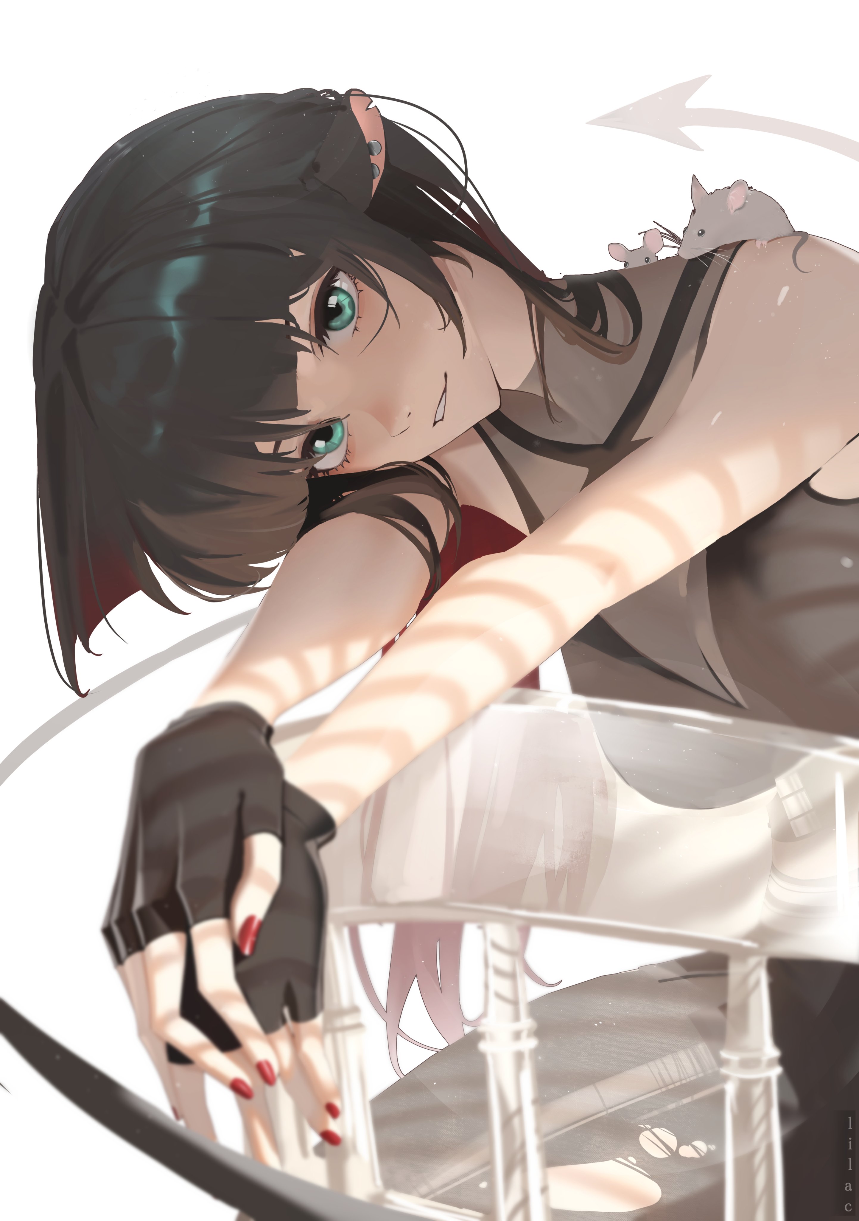 the other lilac, jane doe (zenless zone zero), zenless zone zero, absurdres, commentary, english commentary, highres, 1girl, 2others, animal, animal ears, animal on shoulder, bare shoulders, black gloves, black shirt, black tail, black tank top, blue eyes, breasts, chair, ear piercing, fingerless gloves, gloves, head on arm, long hair, long tail, looking at viewer, mouse (animal), mouse ears, mouse girl, mouse on shoulder, mouse tail, multiple others, on chair, pantyhose, piercing, red nails, see-through clothes, sharp tail, shirt, single leg pantyhose, sitting, sitting backwards, smile, tail, tank top, torn clothes, torn pantyhose, white background