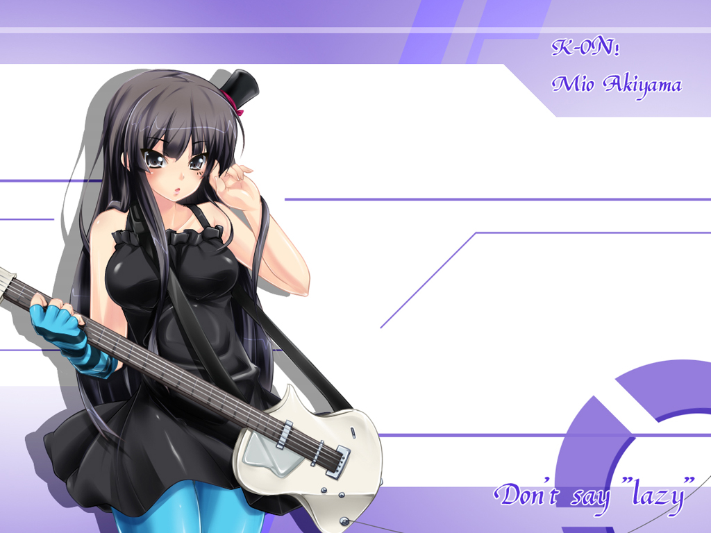 yukinon, yukinon (tsuki koubou), akiyama mio, don't say "lazy", k-on!, 00s, 1girl, :o, bass guitar, black eyes, black hair, blue pantyhose, blunt bangs, blush, camisole, chemise, dress, facepaint, female focus, fingerless gloves, gloves, guitar, hat, hime cut, instrument, long hair, mini hat, mini top hat, pantyhose, solo, standing, top hat