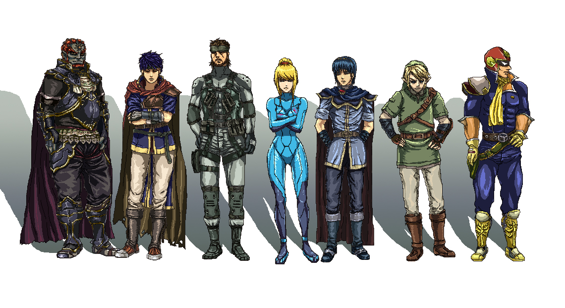 captain falcon, ganondorf, ike (fire emblem), link, marth (fire emblem), samus aran, solid snake, f-zero, fire emblem, fire emblem: mystery of the emblem, fire emblem: path of radiance, ghost in the shell, ghost in the shell: stand alone complex, metal gear (series), metal gear solid, metroid, nintendo, super smash bros., the legend of zelda, the legend of zelda: twilight princess, 1girl, 6+boys, armor, beard, blonde hair, blue hair, bodysuit, brown hair, cape, facial hair, ghost in the shell lineup, gloves, headband, helmet, lineup, multiple boys, odd one out, parody, pointy ears, red hair, scarf, zero suit