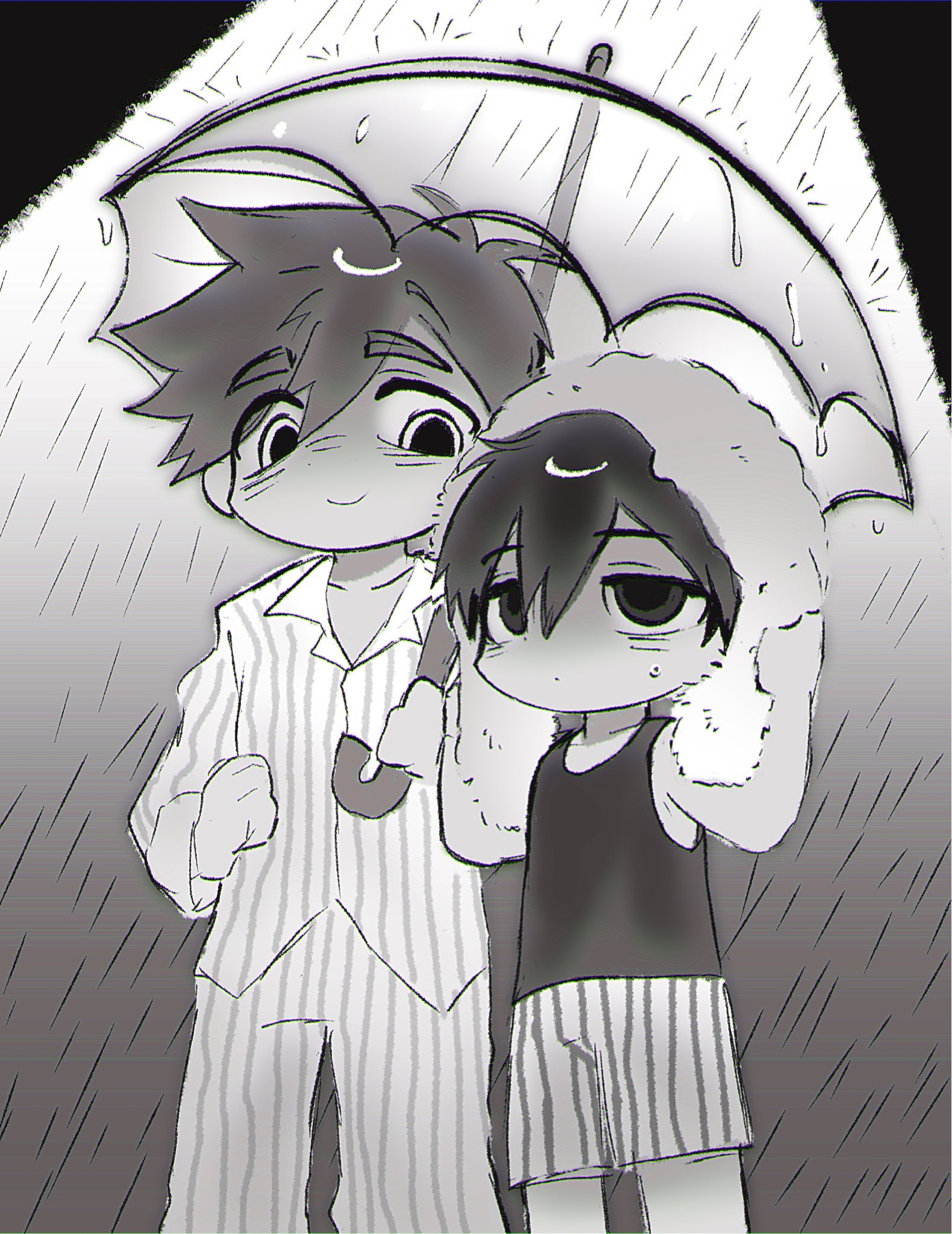 hero (headspace) (omori), hero (omori), omori (omori), omori, highres, 2boys, antenna hair, arms up, blush, closed mouth, collarbone, double-parted bangs, drying, greyscale, hair between eyes, height difference, holding, holding towel, holding umbrella, long sleeves, looking at another, lyuz (justtoseemeplea), male focus, monochrome, multiple boys, pajamas, pants, rain, short hair, shorts, smile, striped clothes, striped pajamas, striped pants, striped shorts, tank top, towel, umbrella, vertical-striped clothes, vertical-striped pajamas, vertical-striped pants, vertical-striped shorts