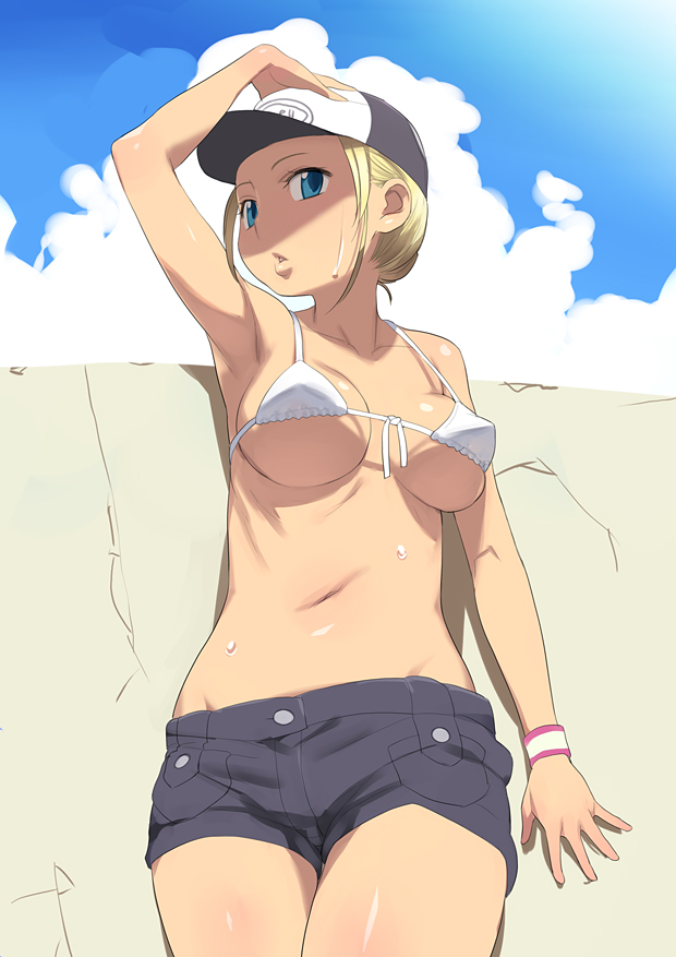 nora higuma, original, 1girl, armpits, baseball cap, bikini, bikini top only, blonde hair, blue eyes, breasts, day, denim, denim shorts, female focus, front-tie top, hat, medium breasts, micro bikini, shorts, solo, sweat, swimsuit, underboob, wet, white bikini, wristband