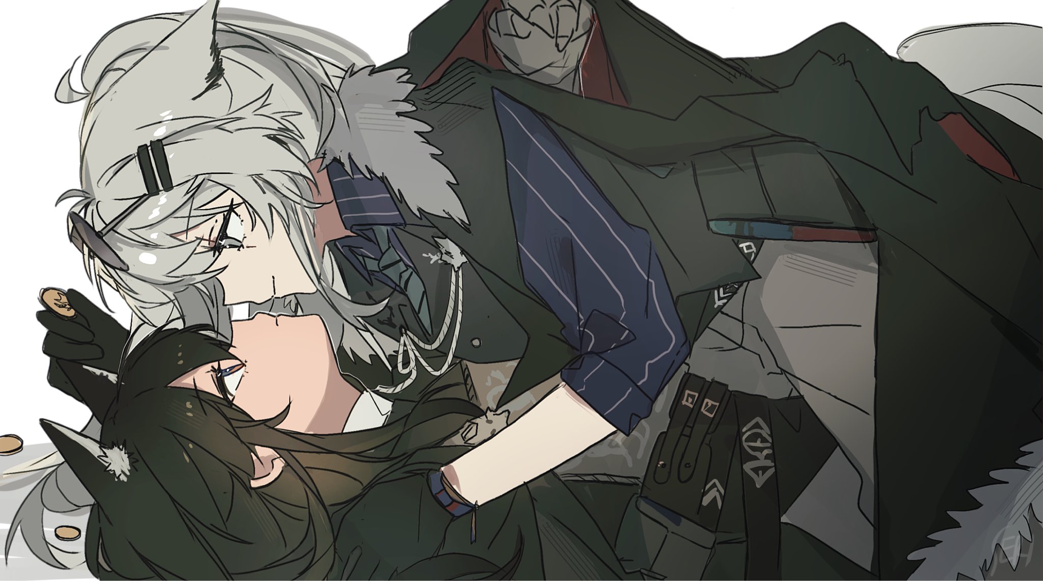 seri (vyrlw), lappland (arknights), texas (arknights), arknights, commentary, highres, symbol-only commentary, 2girls, animal ears, black gloves, black hair, black jacket, blue shirt, gloves, grey eyes, grey hair, grey pants, hand in another's hair, jacket, jacket on shoulders, long hair, multiple girls, orange eyes, pants, shirt, simple background, white background, wolf ears, yuri