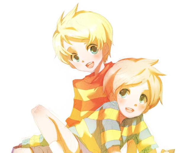 claus (mother 3), lucas (mother 3), mother (series), mother 3, nintendo, 2boys, blonde hair, blue eyes, brown hair, male focus, multiple boys, shirt, siblings, smile, striped clothes, striped shirt, twins