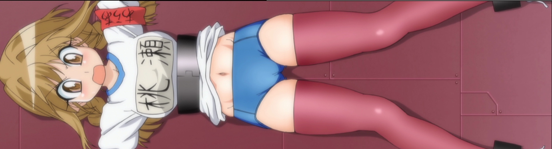 momose kurumi, pani poni dash!, anime screenshot, highres, long image, official art, stitched, third-party edit, wide image, 00s, braid, brown eyes, brown hair, buruma, gym uniform, solo, thighhighs, zettai ryouiki