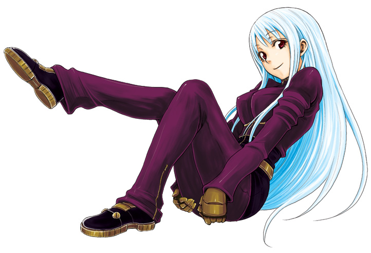 coelacanth (gyotaku), kula diamond, snk, the king of fighters, 1girl, blue hair, bodysuit, female focus, gloves, leg up, long hair, looking at viewer, red eyes, simple background, sitting, smile, solo, white background