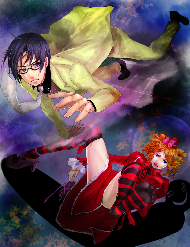 nohoho, gaap (umineko), ushiromiya george, umineko no naku koro ni, bad id, bad pixiv id, 00s, 1boy, 1girl, black hair, blonde hair, blue eyes, bow, breasts, dress, drill hair, flower, frills, glasses, hat, jacket, large breasts, mini hat, mini top hat, necktie, pink bow, ribbon, short hair, thighhighs, thighs, top hat