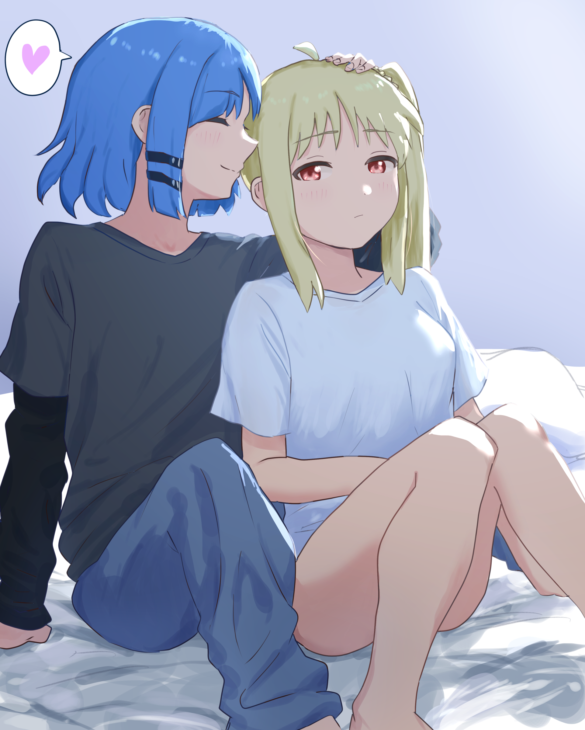 koto noha, ijichi nijika, yamada ryo, bocchi the rock!, absurdres, commentary request, highres, 2girls, alternate costume, arm at side, arm support, arm up, between legs, black shirt, blonde hair, blue hair, choppy bangs, closed eyes, closed mouth, convenient censoring, denim, grey shirt, hair ornament, hairclip, hand on another's head, heart, jeans, knees up, layered sleeves, long hair, long sleeves, multiple girls, no pants, pants, parallel hairclips, red eyes, shirt, short hair, short over long sleeves, short sleeves, side ponytail, sidelocks, sitting, smile, speech bubble, spoken heart, t-shirt, undershirt, white shirt, yuri