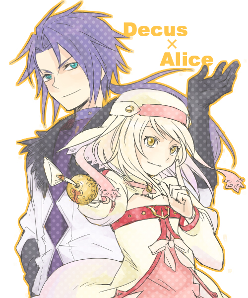 alice (tales), decus (tales), tales of (series), tales of symphonia, tales of symphonia: dawn of the new world, 00s, blonde hair, blue eyes, character name, gloves, hat, long hair, ponytail, purple hair, rapier, saber (weapon), short hair, smile, sword, weapon, yellow eyes