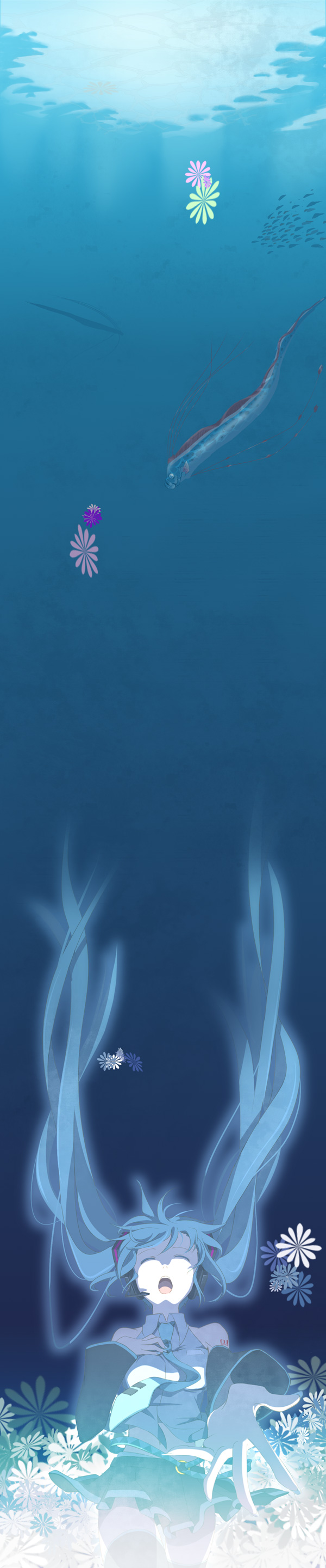 hk, hatsune miku, vocaloid, absurdres, bad id, bad pixiv id, highres, long image, tall image, 1girl, aqua hair, bare shoulders, black thighhighs, closed eyes, detached sleeves, female focus, fish, flower, foreshortening, hair ornament, headphones, long hair, microphone, miniskirt, music, navel, necktie, open mouth, pleated skirt, singing, skirt, solo, standing, thighhighs, twintails, underwater, very long hair, water, zettai ryouiki