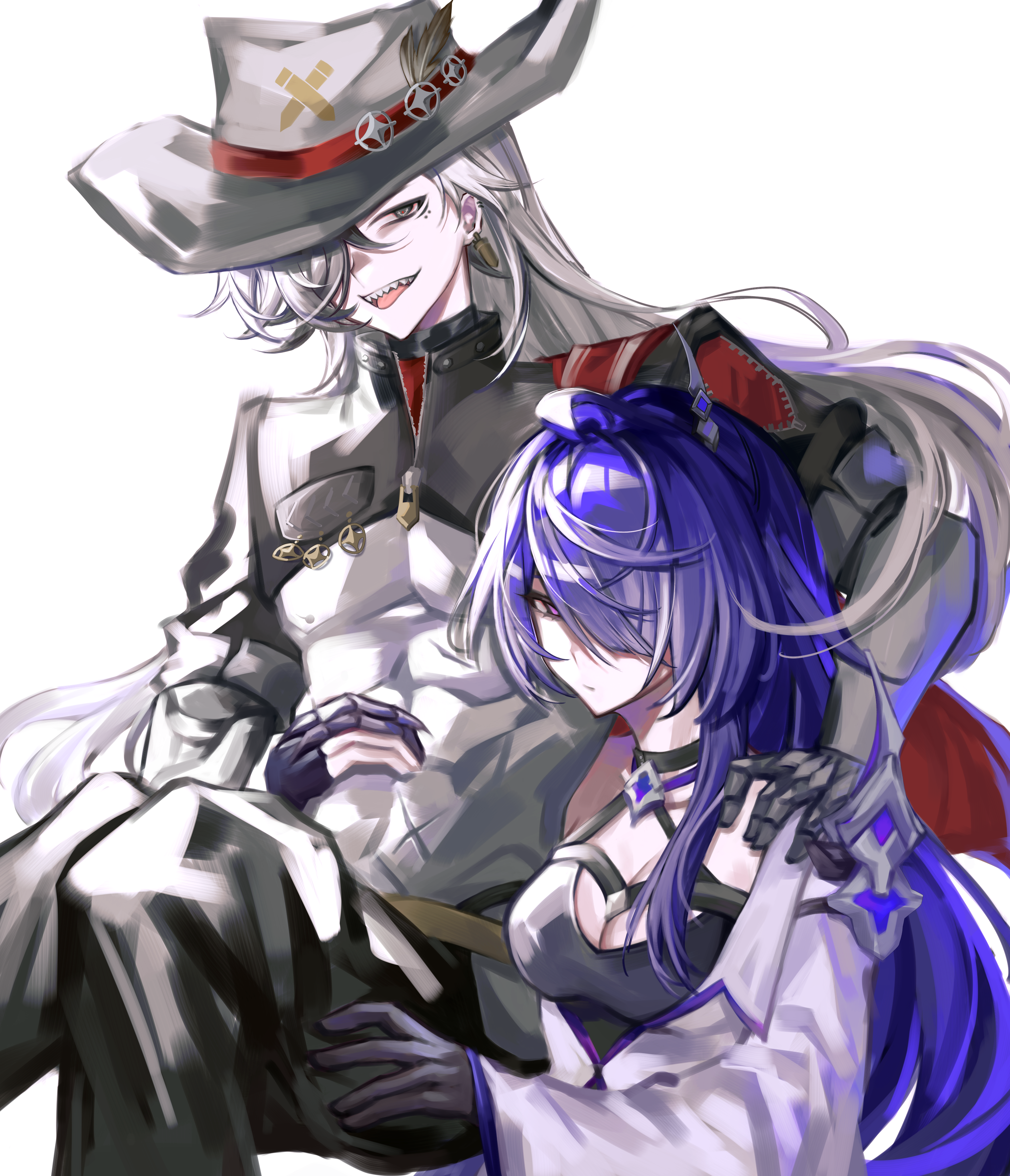 acheron (honkai: star rail), boothill (honkai: star rail), honkai: star rail, honkai (series), absurdres, chinese commentary, highres, 1boy, 1girl, ahoge, black choker, black gloves, blue hair, breasts, carrying, carrying person, choker, cleavage, closed mouth, couple, cowboy hat, duobaoyu82658, fake claws, gloves, grey eyes, grey hair, hair over one eye, hand on another's shoulder, happy, hat, head tilt, hetero, humanoid robot, japanese clothes, large breasts, long hair, long sleeves, looking to the side, multicolored hair, open mouth, pants, partially unzipped, purple eyes, robot, shaded face, sharp teeth, streaked hair, teeth, upper body, wide sleeves