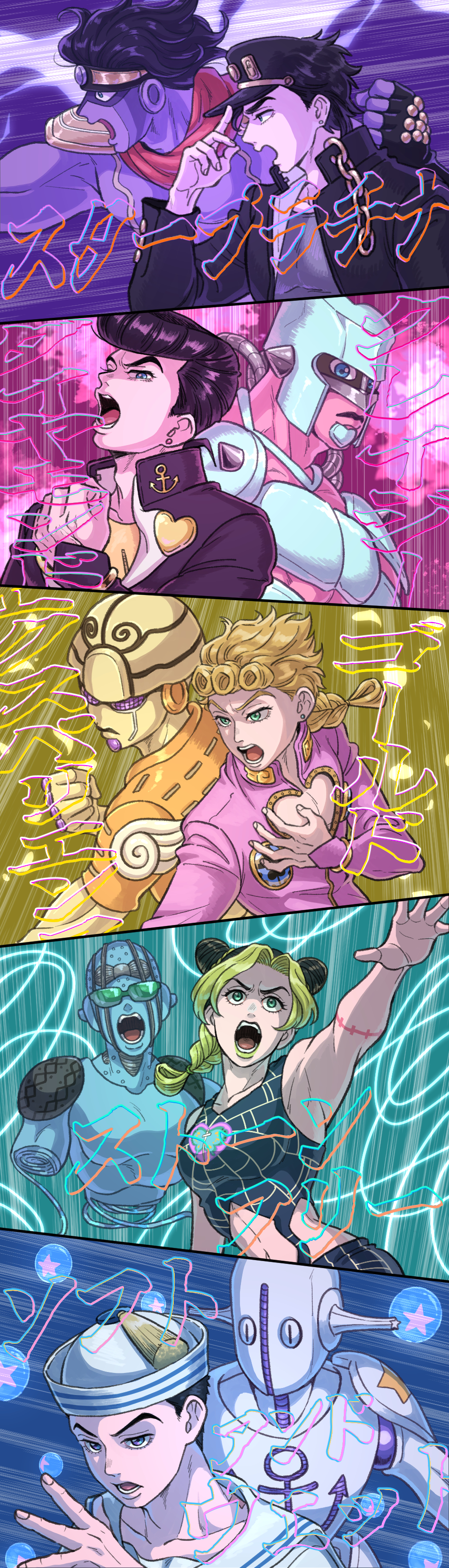 crazy diamond, giorno giovanna, gold experience, higashikata josuke, kuujou jolyne, kuujou joutarou, soft & wet, star platinum, stone free, diamond wa kudakenai, jojo no kimyou na bouken, jojolion, stardust crusaders, stone ocean, vento aureo, absurdres, commentary request, highres, 1girl, 4boys, anchor symbol, aqua eyes, arm tattoo, birthmark, black hair, black hat, blonde hair, blue eyes, braid, braided ponytail, breasts, bubble, bun with braided base, chain, cone hair bun, dixie cup hat, double bun, earrings, gakuran, green hair, green lips, hair bun, hand on own chest, hat, heart, hokkyoku (uuunnoo2), jewelry, joestar birthmark, medium breasts, midriff, military hat, multicolored hair, multiple boys, open mouth, pompadour, sailor collar, school uniform, stand (jojo), stud earrings, tattoo, two-tone hair, white sailor collar