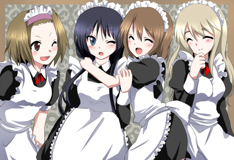 marimo danshaku, akiyama mio, hirasawa yui, kotobuki tsumugi, tainaka ritsu, k-on!, bad id, bad pixiv id, 00s, 4girls, alternate costume, black eyes, black hair, blonde hair, brown eyes, brown hair, closed eyes, enmaided, ho-kago tea time, hug, long hair, maid, multiple girls, one eye closed, short hair, wink
