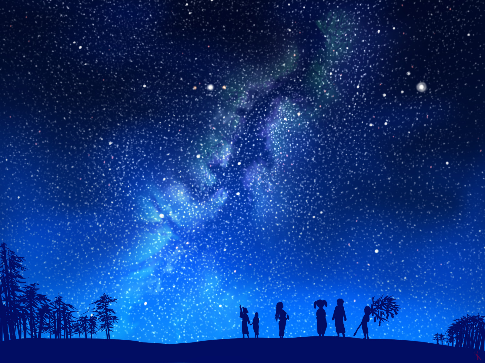 shinobu (tyno), original, character request, highres, 2boys, 4girls, milky way, multiple boys, multiple girls, night, scenery, silhouette, sky, star (sky), star (symbol), starry sky, tanabata, tree