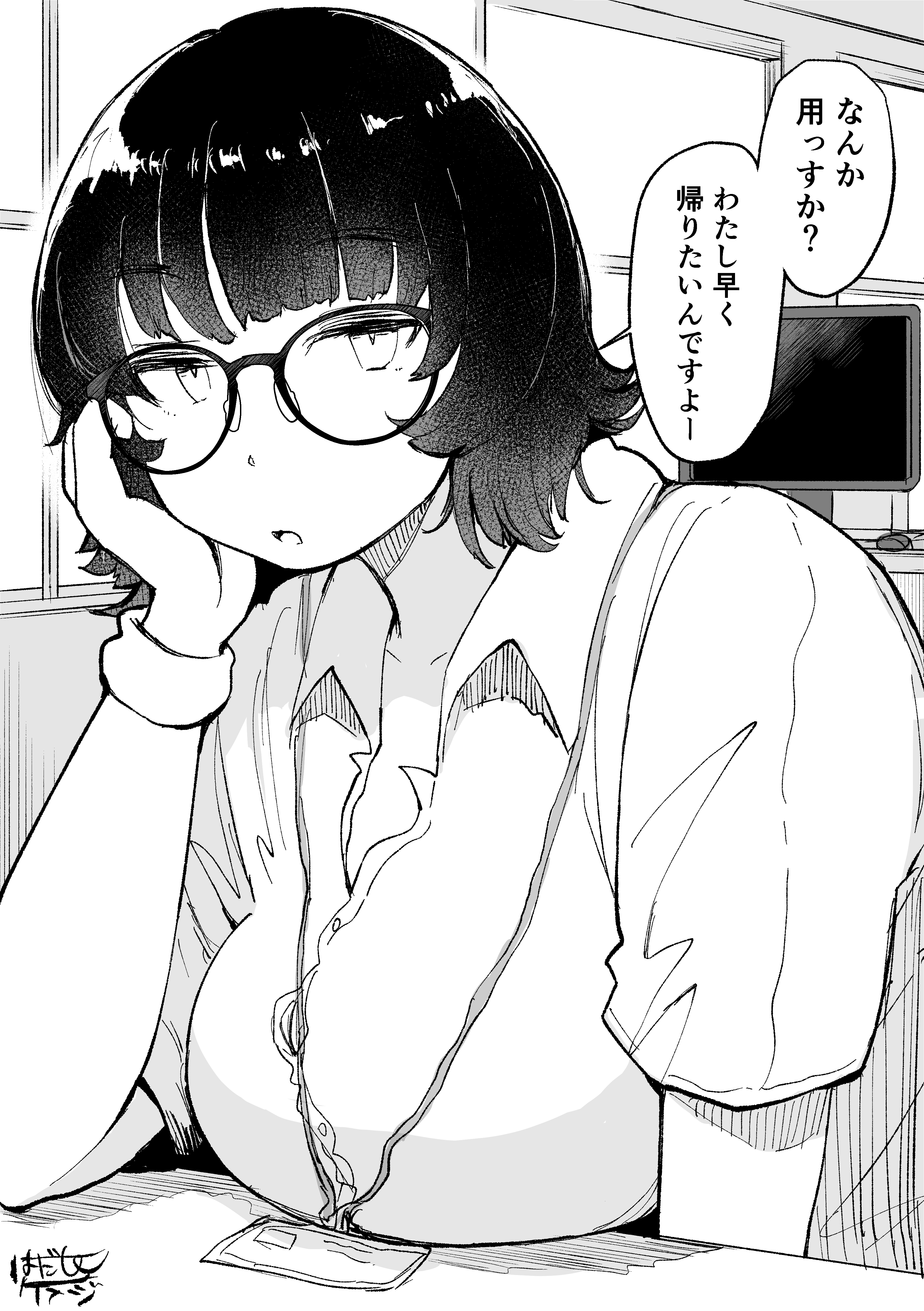 hadashi no kenji, original, absurdres, highres, translated, 1girl, breasts, glasses, greyscale, head rest, id card, large breasts, medium hair, monitor, monochrome, office lady, solo